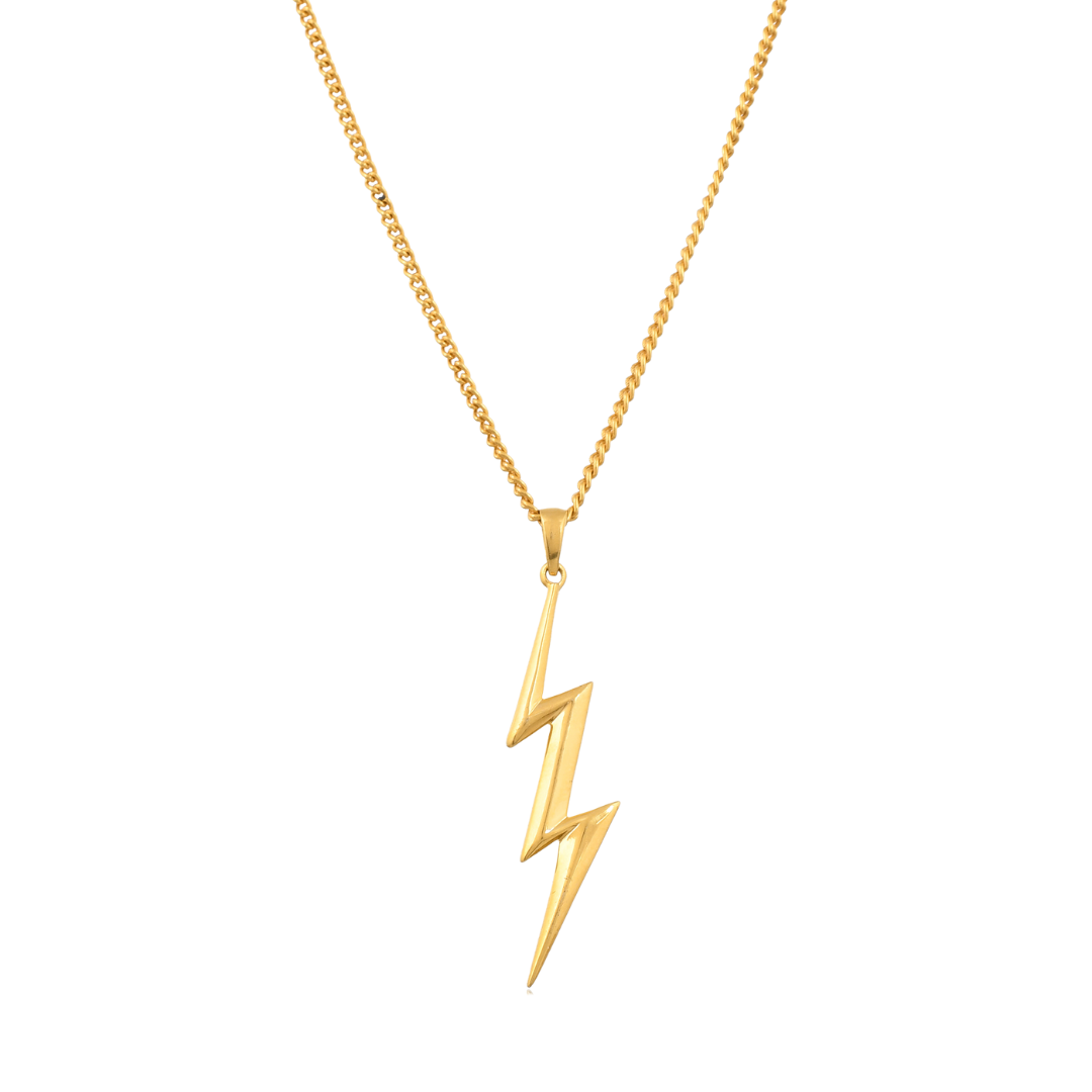 A gold lightning bolt necklace on a white background. This necklace could be worn by someone who wants to show their power or individuality.