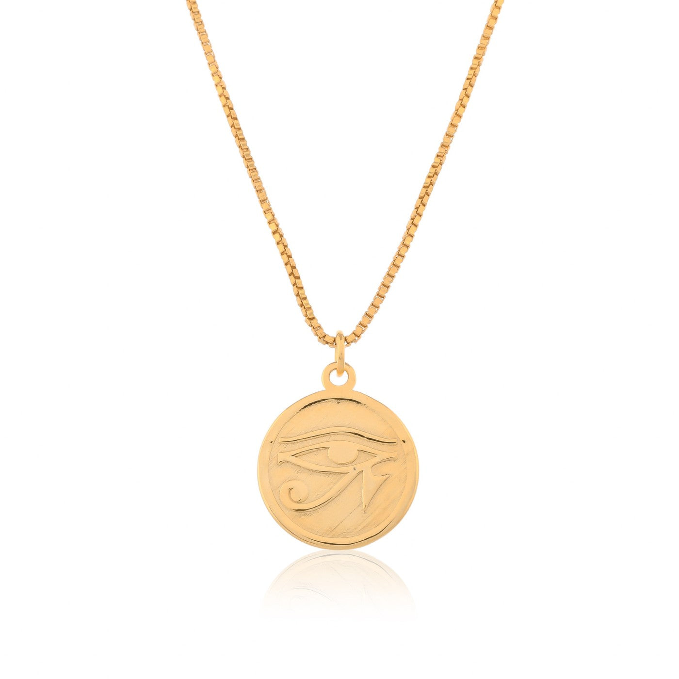 This gold necklace features a detailed Eye of Horus pendant. The Eye of Horus is an ancient Egyptian symbol believed to offer protection, good health, and prosperity.