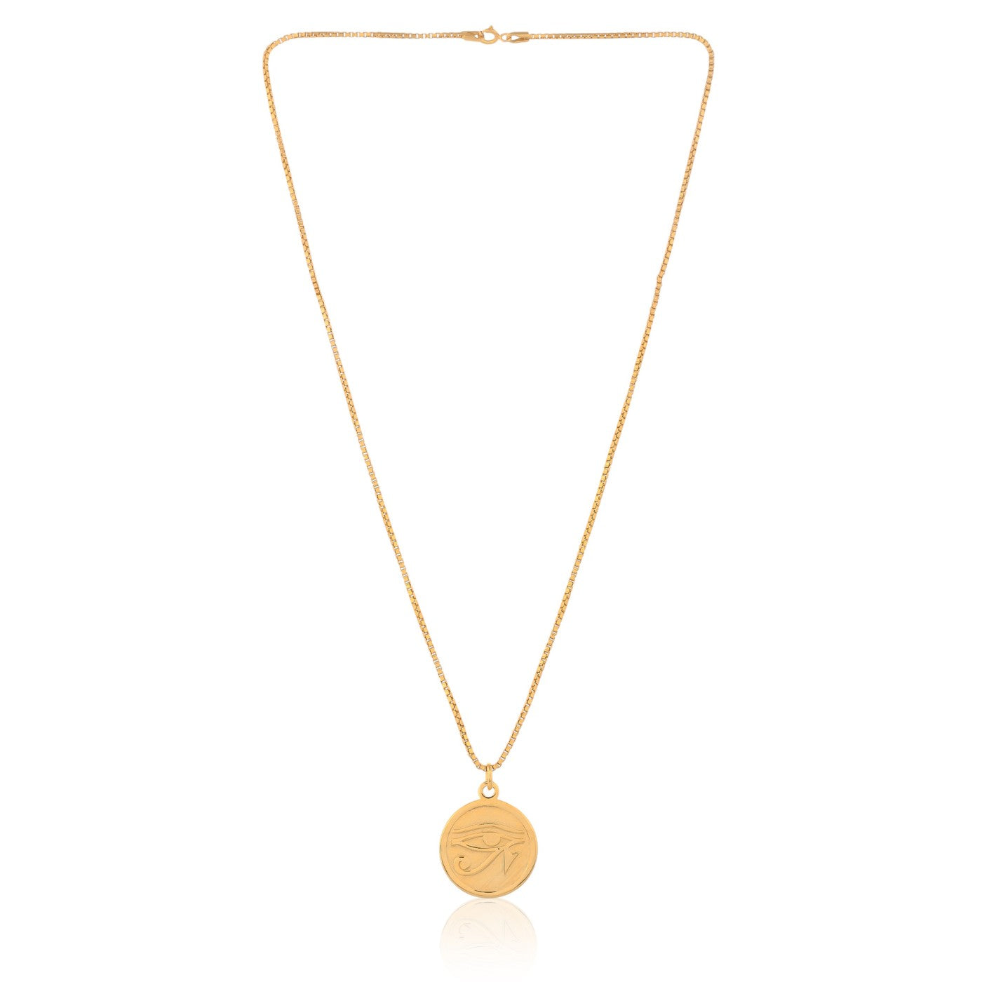 A gold necklace with a pendant in the shape of the Eye of Ra, an ancient Egyptian symbol of protection, health, and royal power.