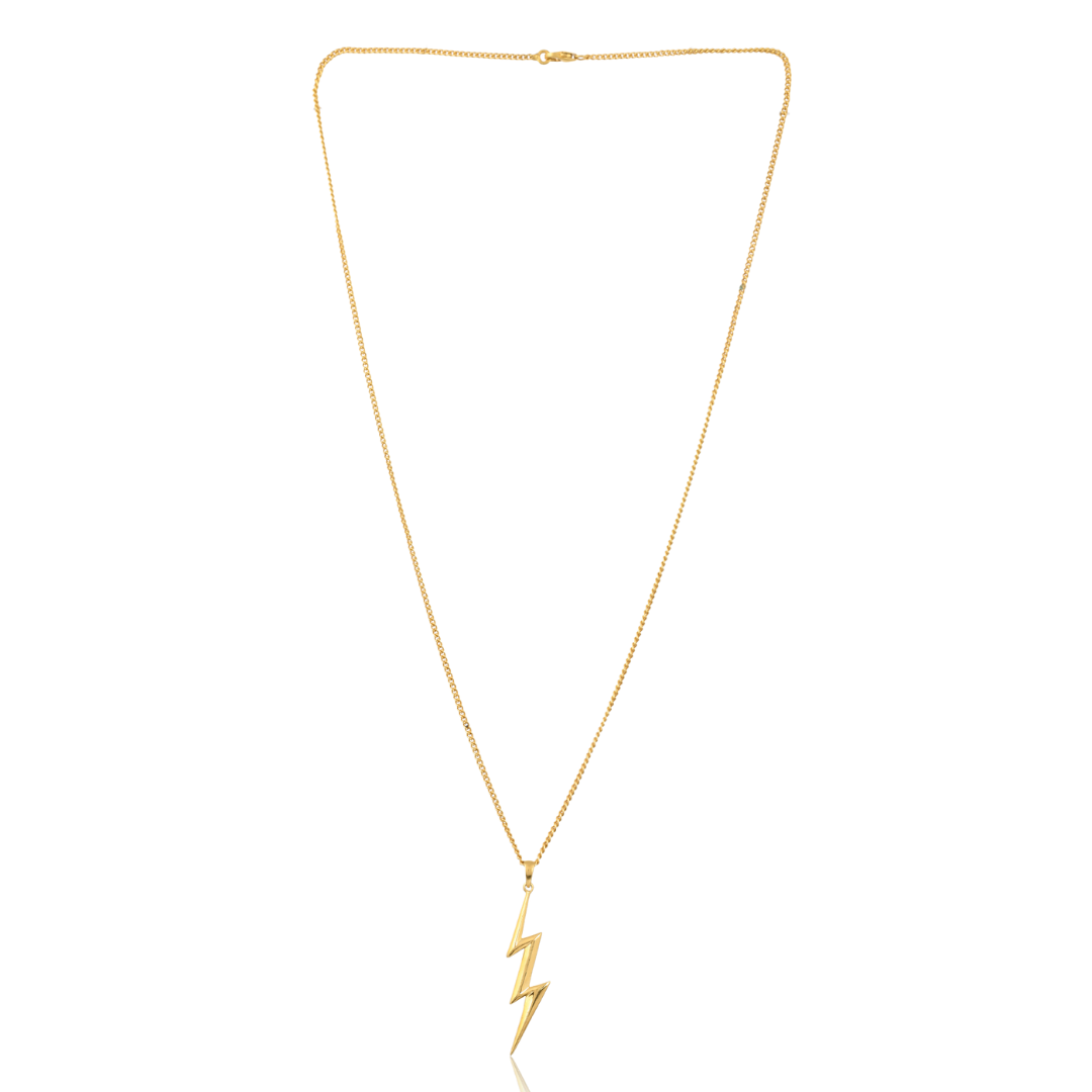 A gold lightning bolt charm dangles on a thin gold chain. This bold pendant evokes power, energy, and a spark of individuality. 