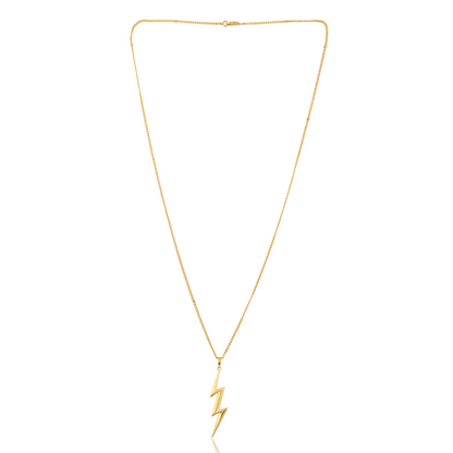 A gold lightning bolt charm dangles on a thin gold chain. This bold pendant evokes power, energy, and a spark of individuality. 