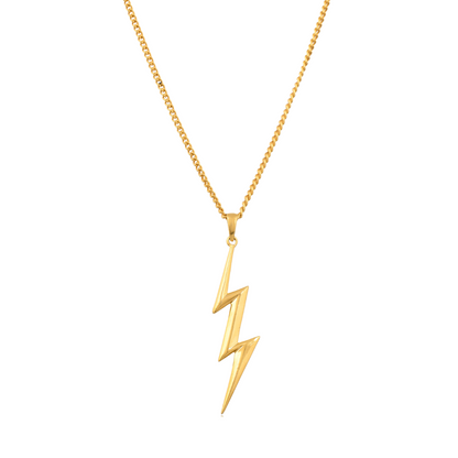 A gold lightning bolt necklace on a white background. This necklace could be worn by someone who wants to show their power or individuality.