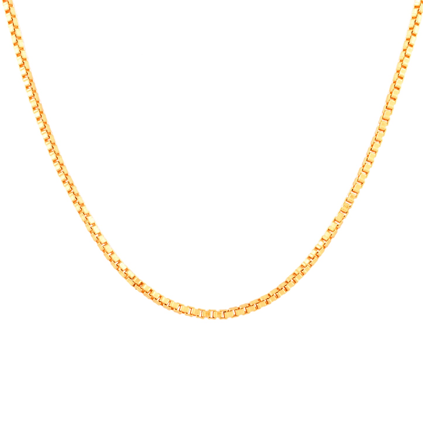 A Box gold plated silver necklace for men with a curb link design, reflecting light on a white background.