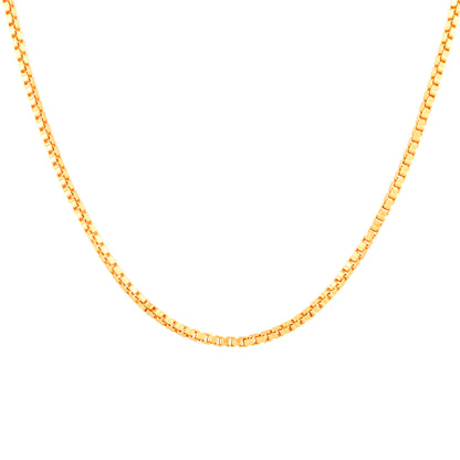 A Box gold plated silver necklace for men with a curb link design, reflecting light on a white background.