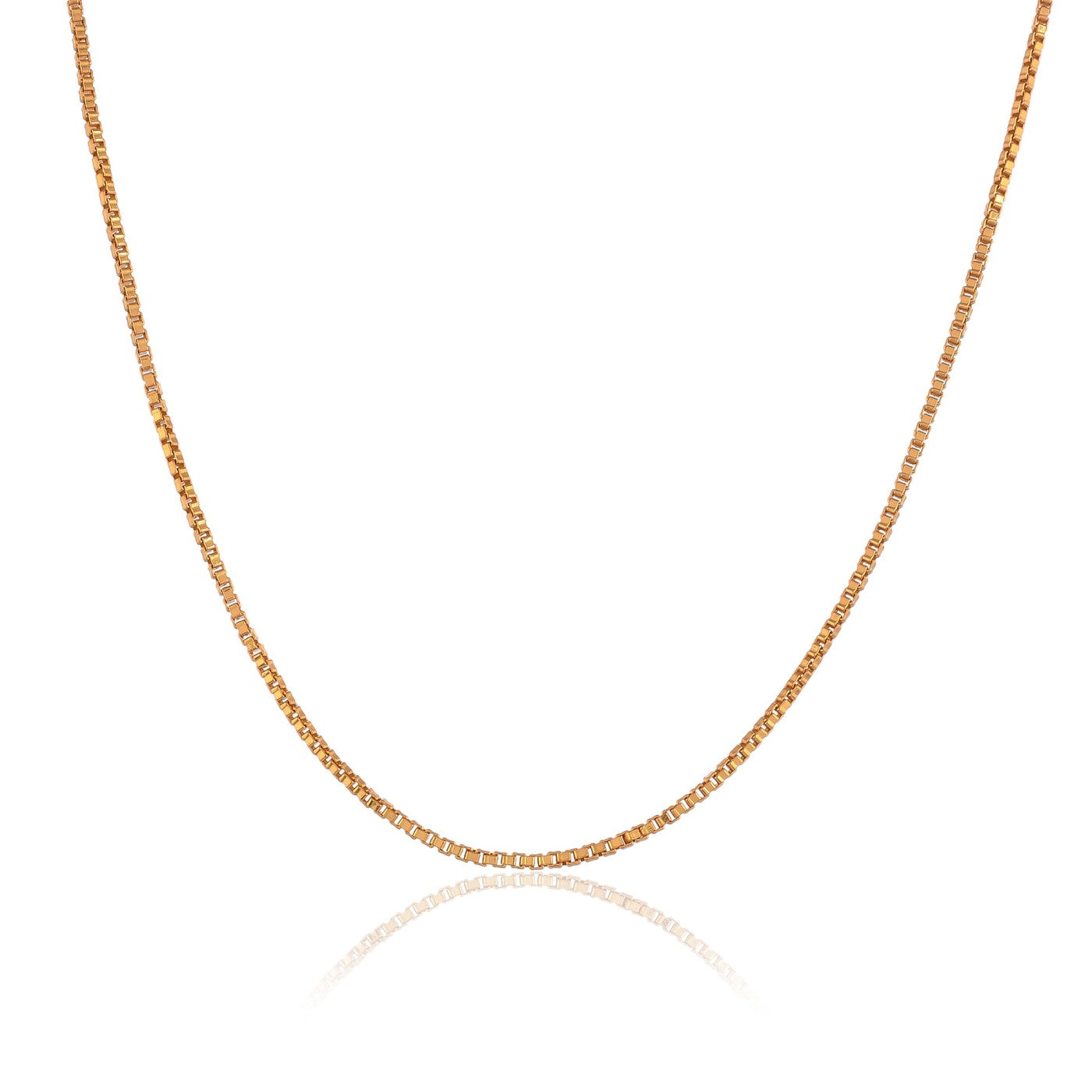 A gold box chain necklace for men with a curb link design, reflecting light on a white background. 