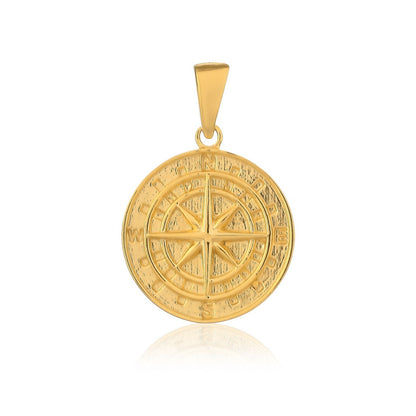 A gold pendant for men showcases a detailed compass, a symbol of direction, travel, and adventure.