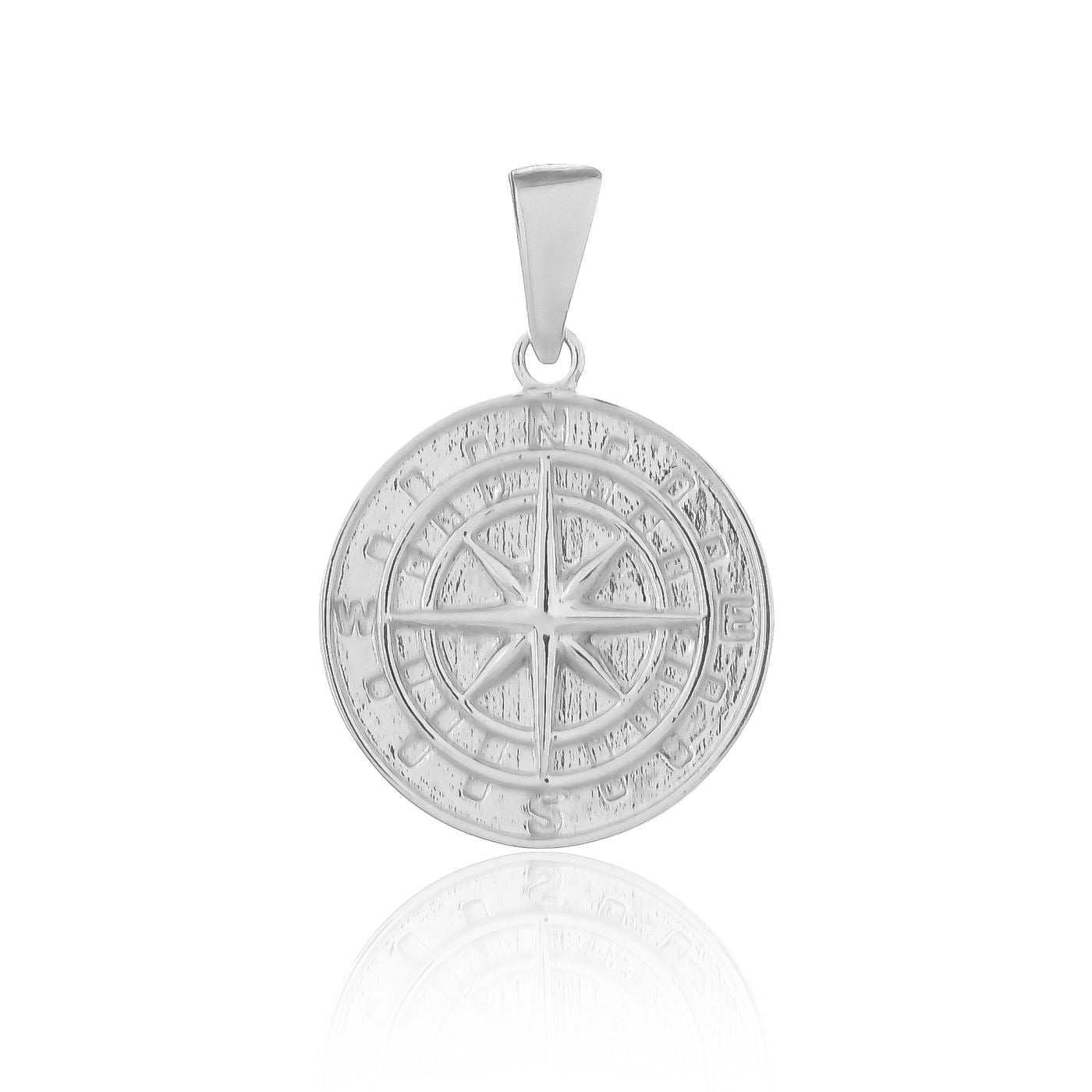 A sterling silver silver compass pendant rests on a white background. The compass has a directional needle and markings for cardinal directions.