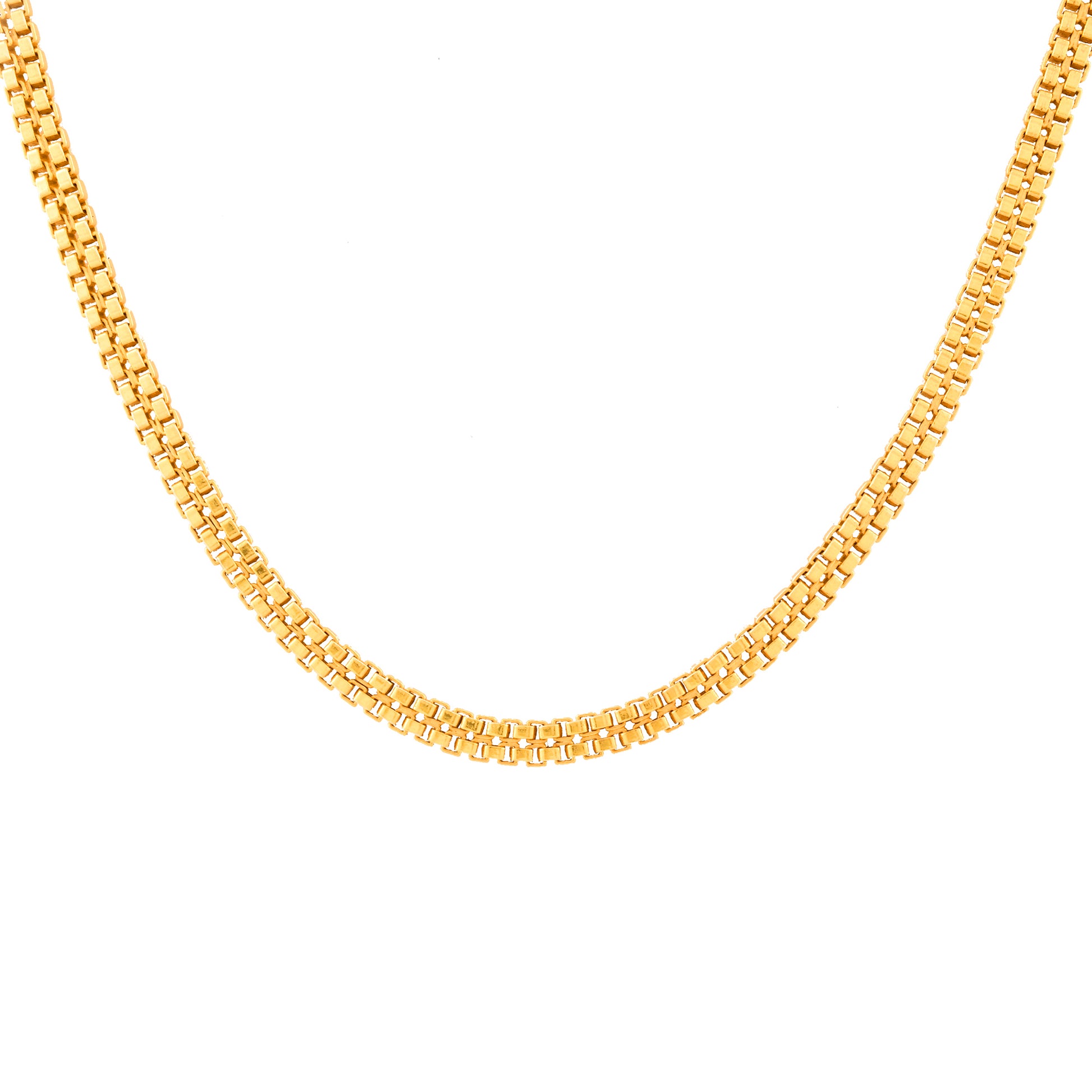 image of a double box gold plated silver chain necklace for men, its interlinked squares reflecting light. This style is a popular choice for gold-plated jewellery in India