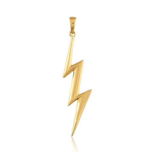 A gold lightning bolt pendant for men hangs on a white background. This gold jewelry piece is a symbol of power and energy.