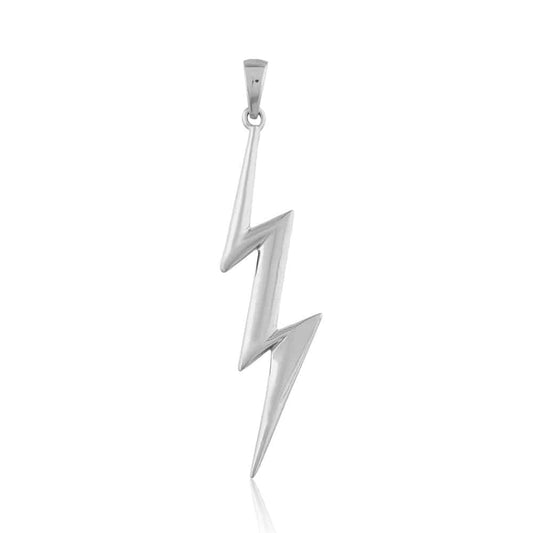 A striking sterling silver lightning bolt pendant hangs on a white background. This powerful symbol of energy can represent speed, power, or illumination.