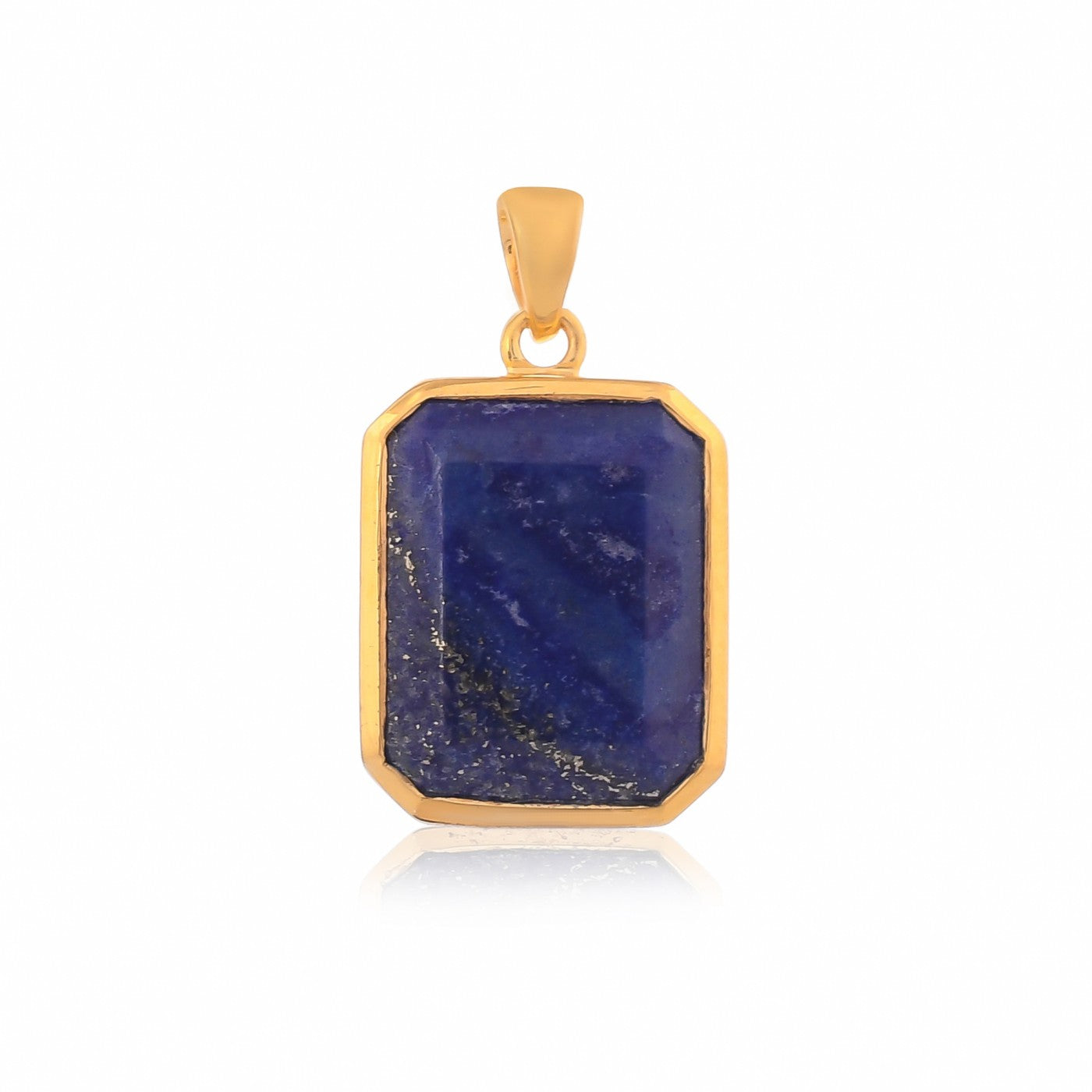 This image depicts a lapis stone unique pendant for men. The deep blue stone is set in a gold frame and displayed on a white background.