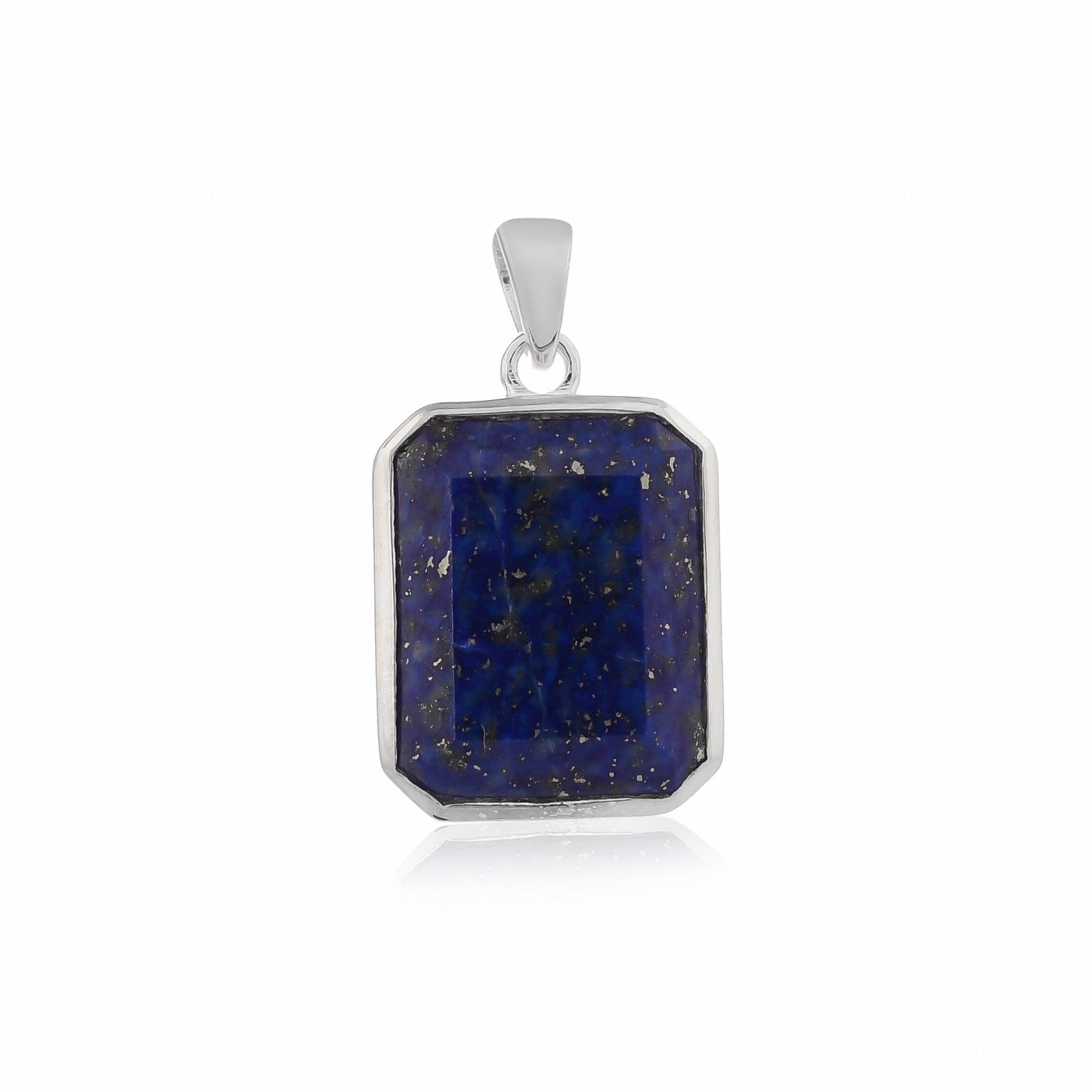 This image depicts a lapis stone sterling silver pendant for men. The deep blue stone is set in a silver frame and displayed on a white background.