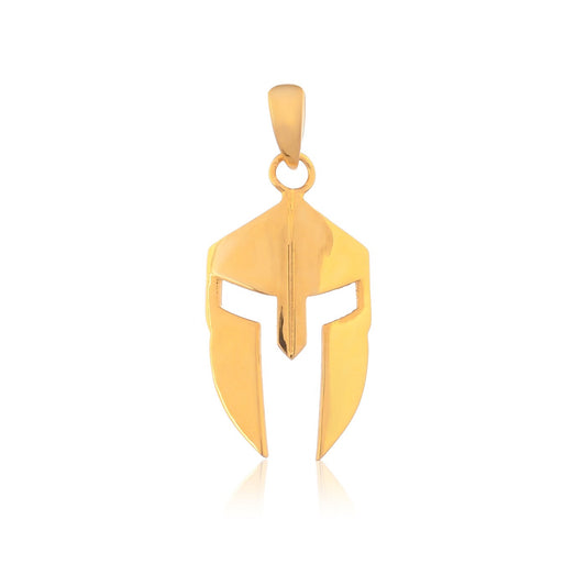 A detailed Spartan helmet pendant crafted from gold hangs from a delicate chain, displayed on a crisp white background. 