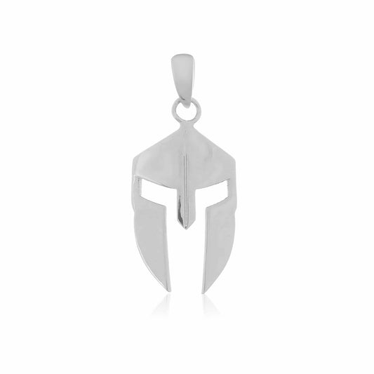 Crafted in original silver, a miniature Spartan helmet, its detailed features contrasting against a clean white backdrop.