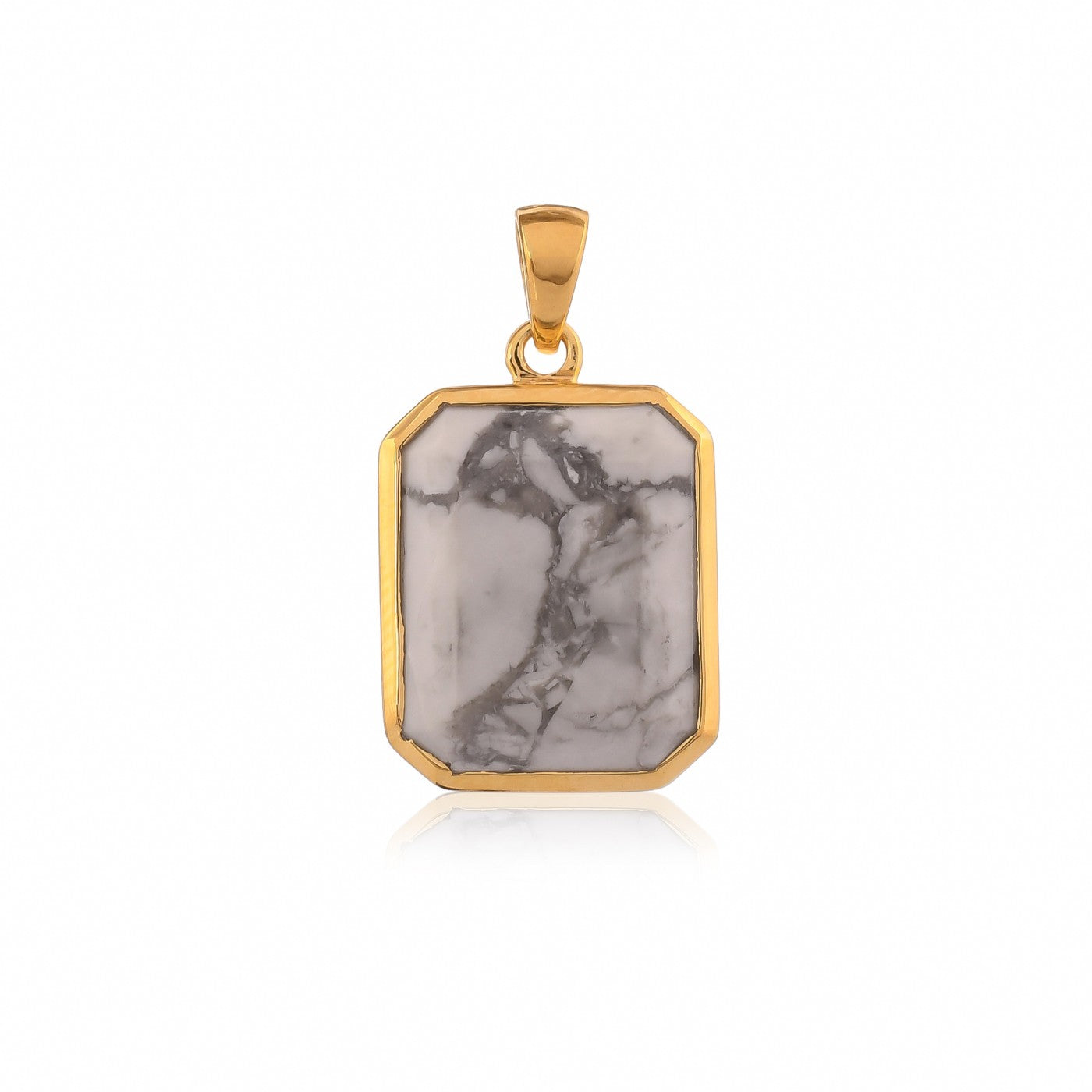 This unique pendant design for mens features a luminous howlite white stone locket set in 18k gold plating.