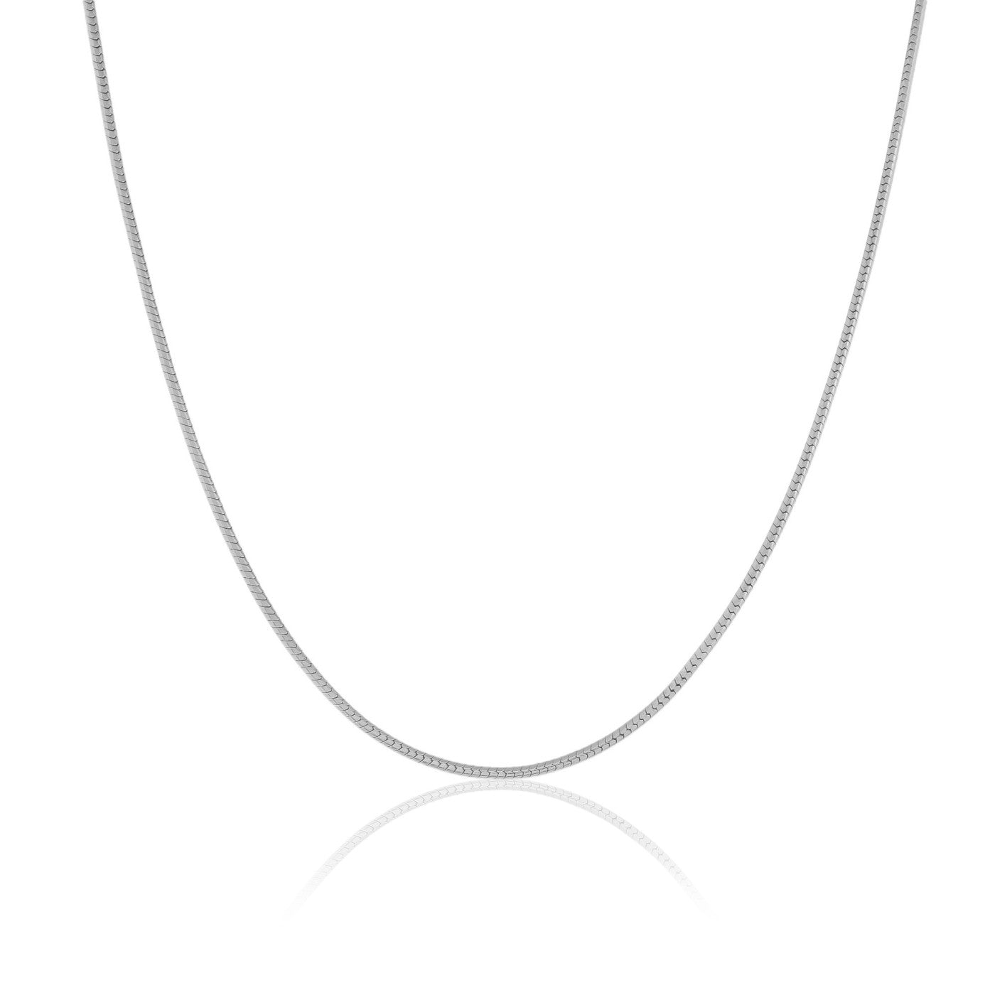 A pure silver snake chain for men with a polished finish casts a shimmering reflection on a bright white background.