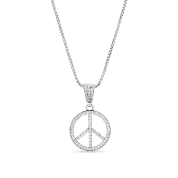 A close-up of a sterling silver peace sign pendant necklace with a original silver chain for men