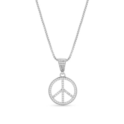 A close-up of a sterling silver peace sign pendant necklace with a original silver chain for men