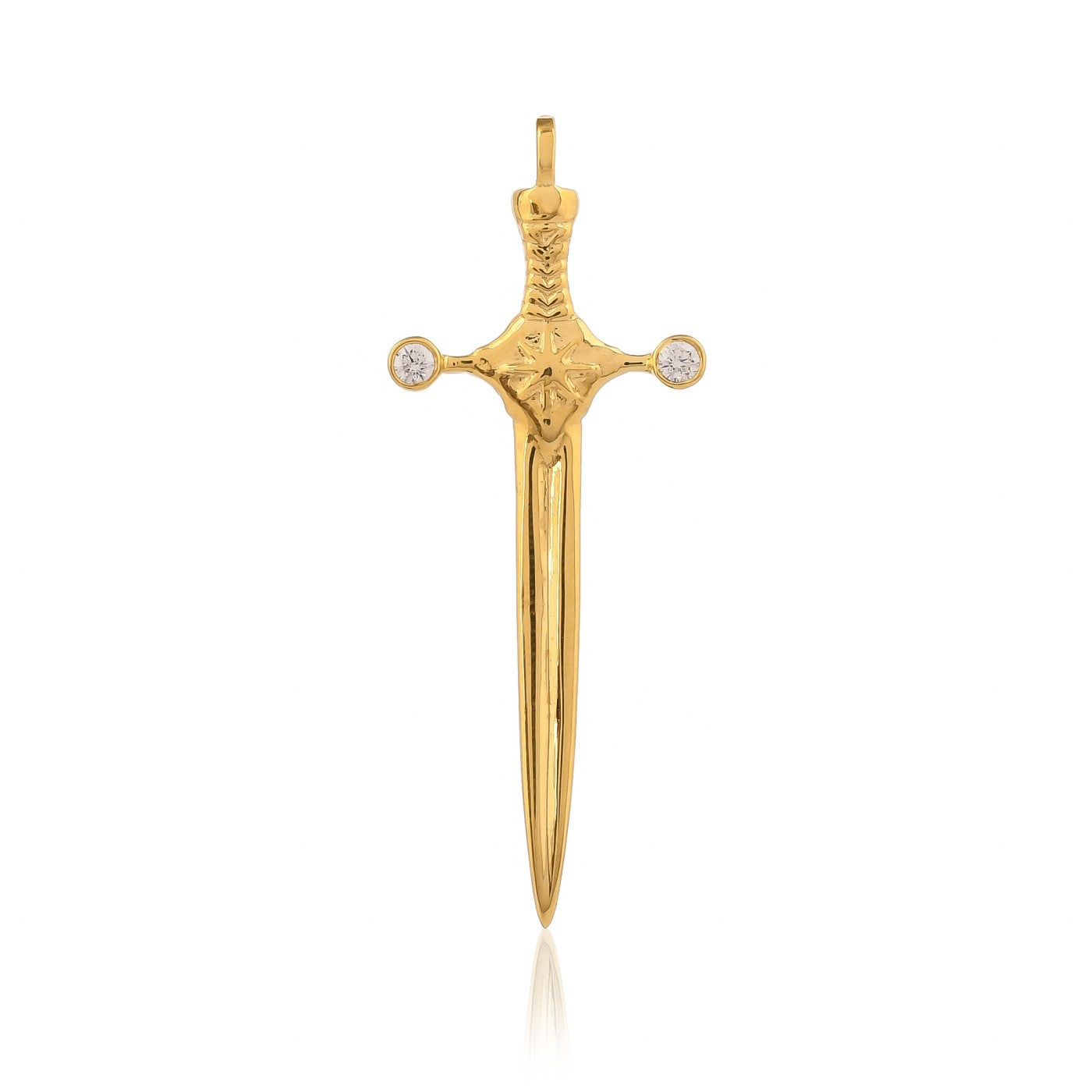 A gold sword pendant with sparkling diamonds hangs on a white background. This gold jewelry for men is both elegant and symbolic of strength.