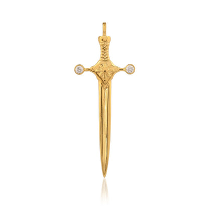 A gold sword pendant with sparkling diamonds hangs on a white background. This gold jewelry for men is both elegant and symbolic of strength.