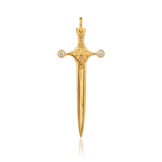 A gold sword pendant with sparkling diamonds hangs on a white background. This gold jewelry for men is both elegant and symbolic of strength.