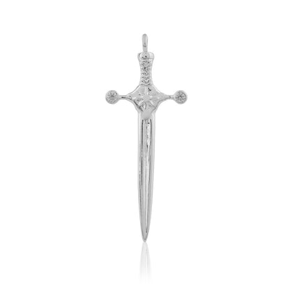 A small, 925 sterling silver pendant shaped like a sword. The sword has a pointed tip and a crossguard.