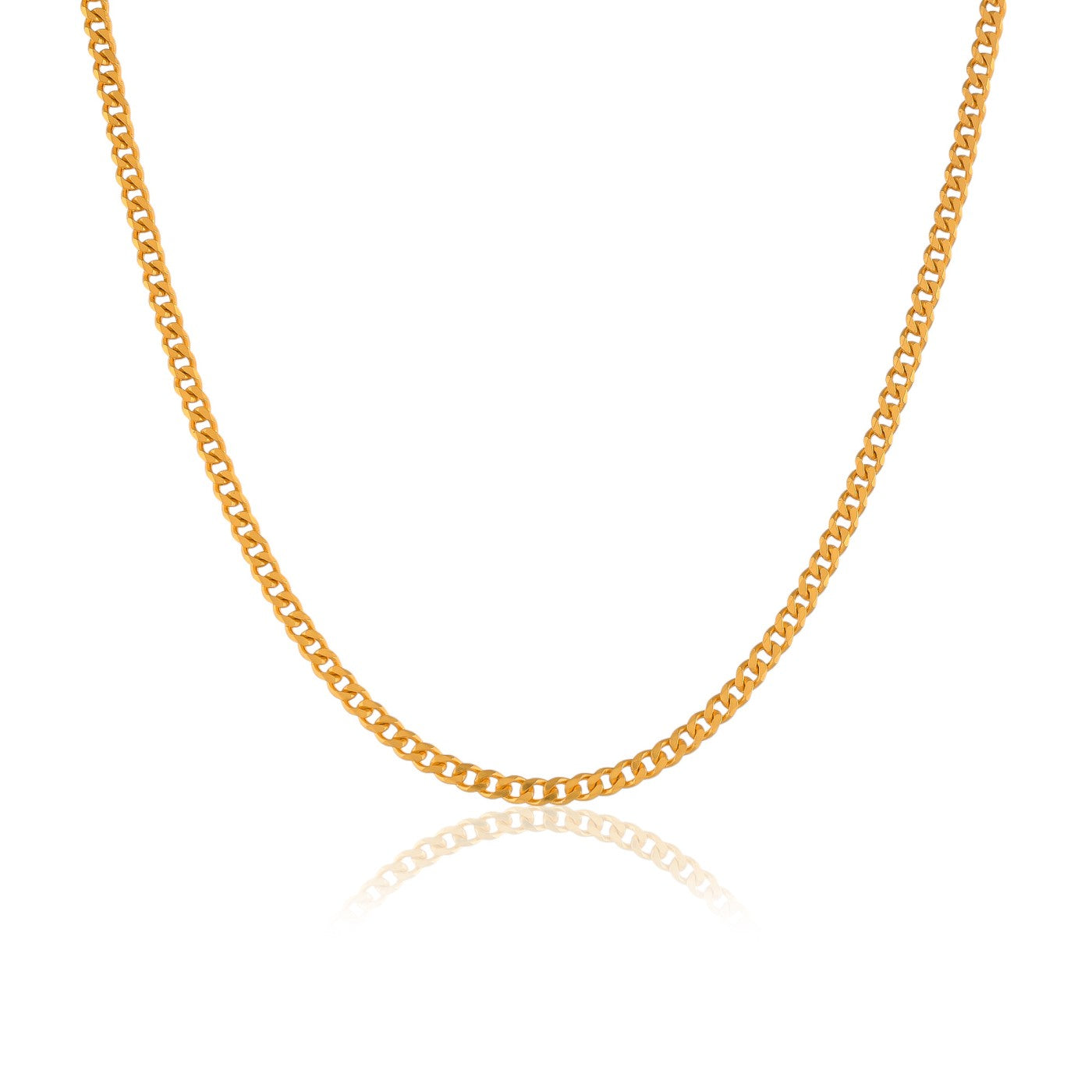 A close-up photo of a gold chain necklace for men. The thin cuban chain has a shiny finish and reflects light on a white background. 