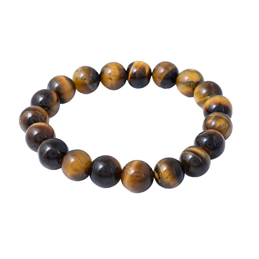 A close-up photo of a boy bracelet made with polished tiger's eye beads. The beads are round and a mix of brown, gold, and black.