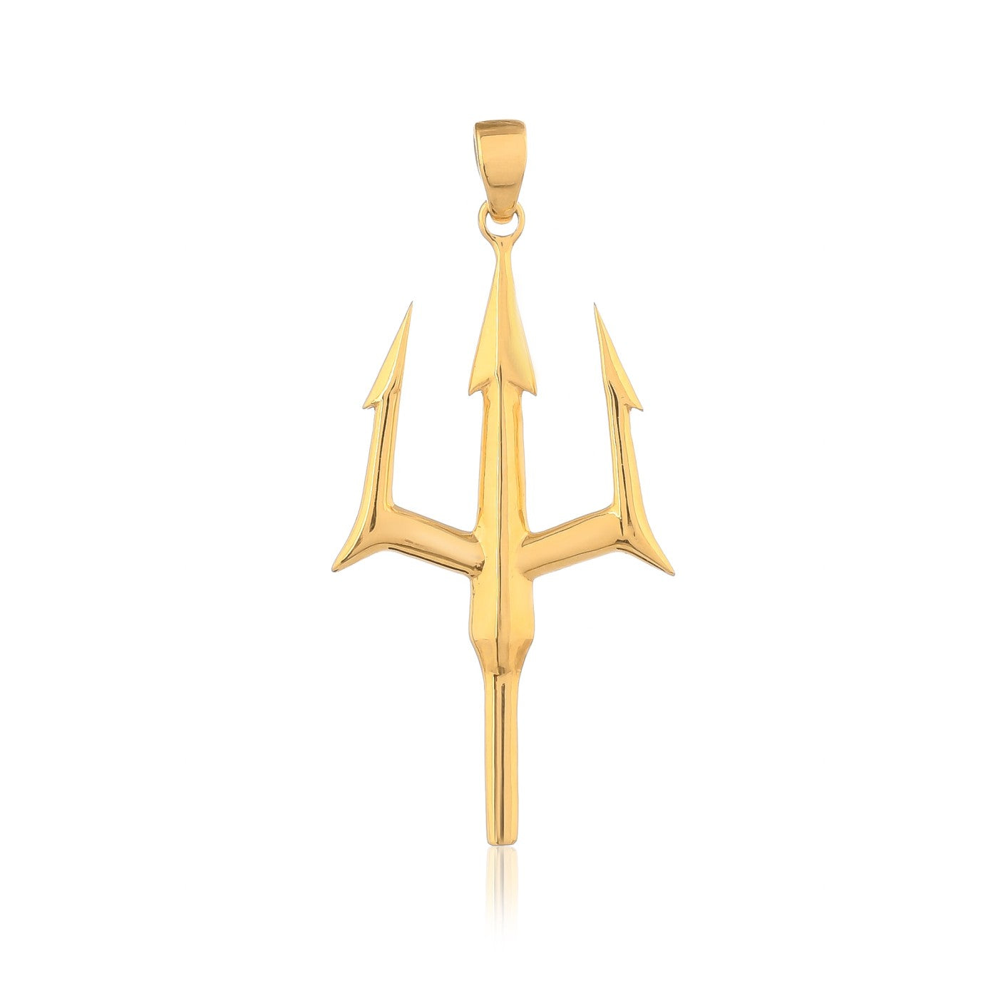 A Men gold pendant in the shape of a trident. The trident has three prongs and a smooth, polished finish.