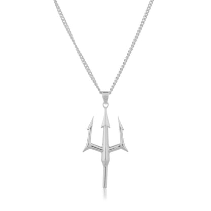 Close-up photo of a silver trident necklace. The detailed image shows the three points of the trident and the sterling silver neck chain for men.