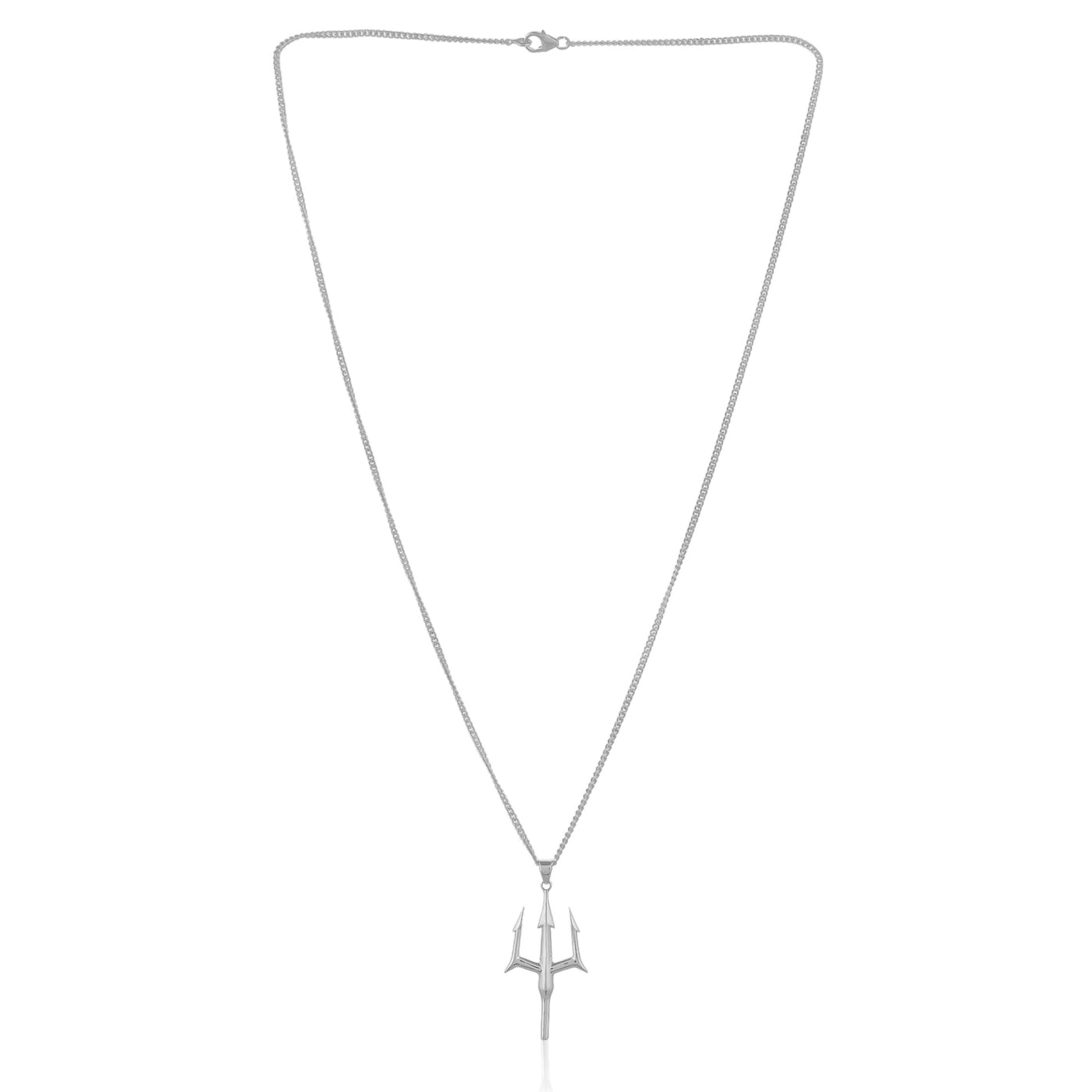 A silver trident necklace on a white background. The pendant features three sharp prongs and hangs from a neck chain for men.