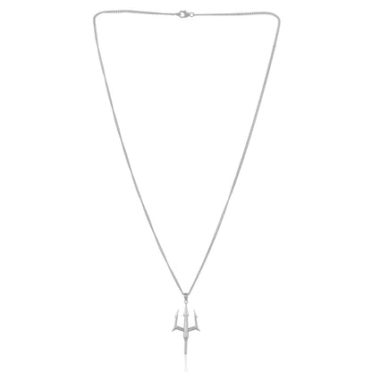 A silver trident necklace on a white background. The pendant features three sharp prongs and hangs from a neck chain for men.