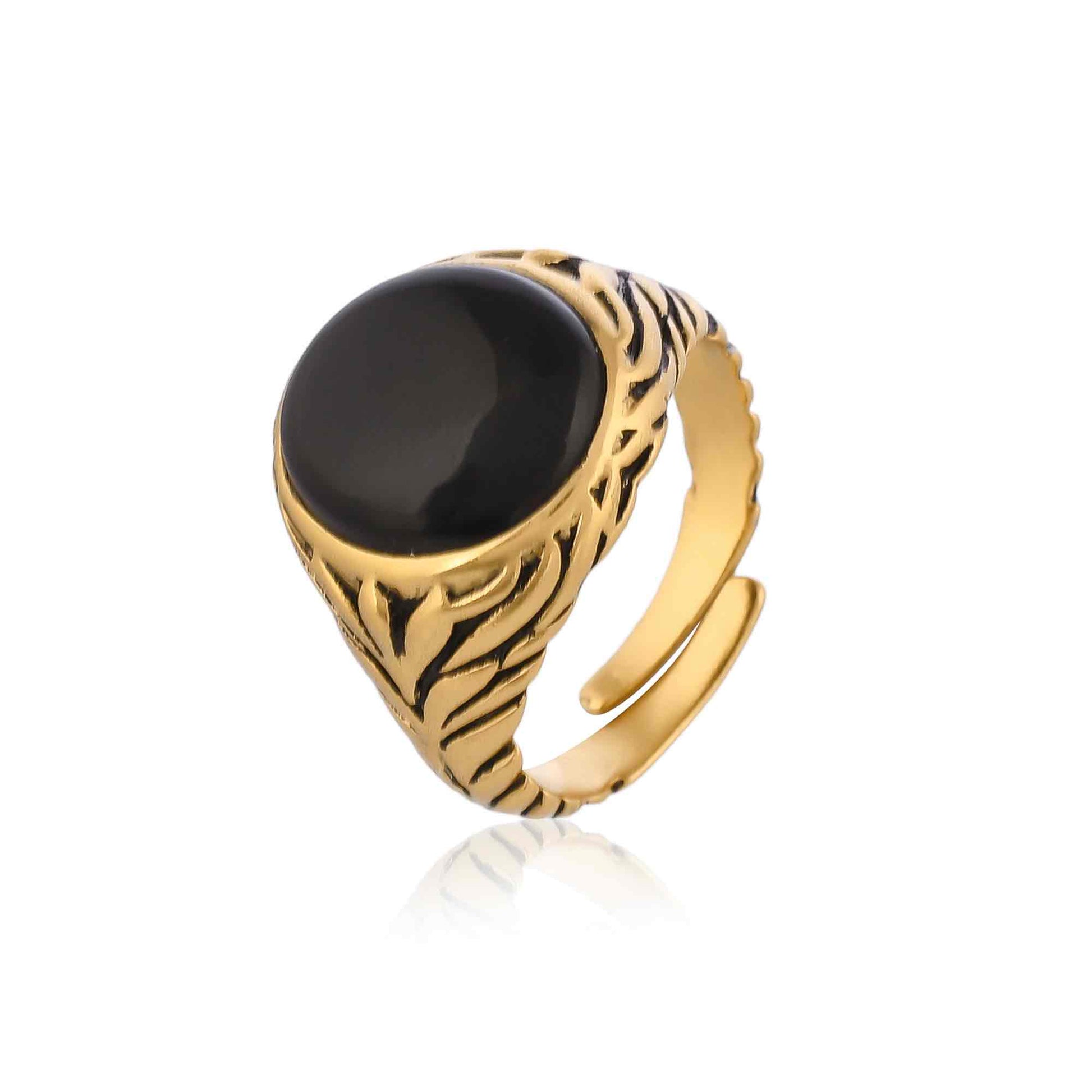 Men's stylish gold ring featuring a black stone. This bold design combines a smooth black gemstone with a polished gold band for a sophisticated look.