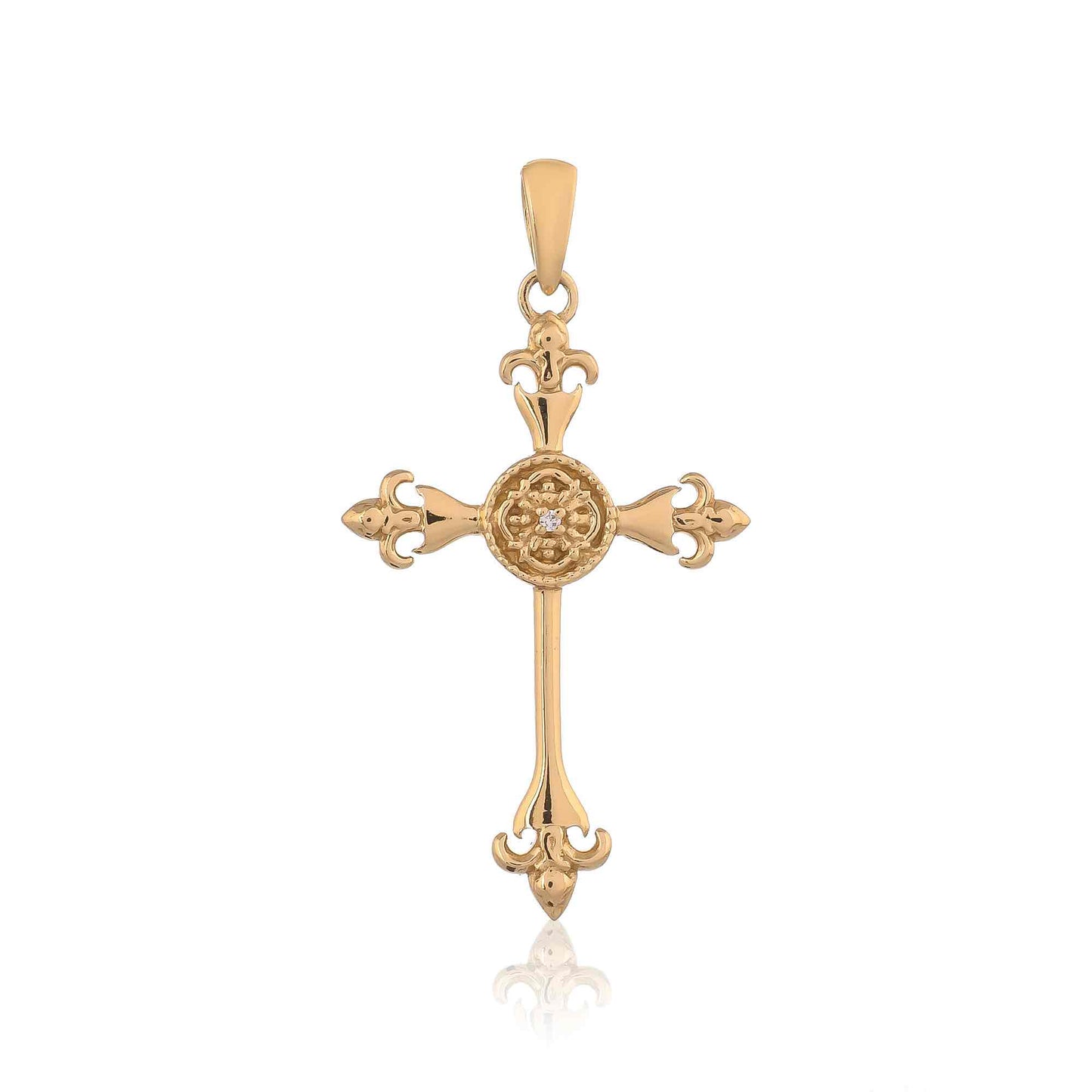 Showcasing a religious symbol with a touch of French heraldry, a gold  jesus cross pendant for men featuring a fleur-de-lis design hangs from a chain.