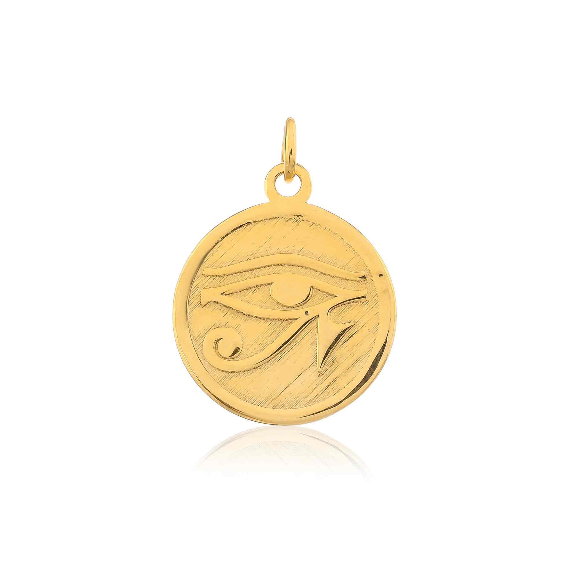 Gleaming gold pendant for men showcases the Eye of Ra, a powerful symbol from ancient Egypt representing good health, wisdom, and protection from harm.