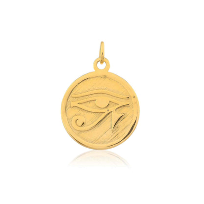 Gleaming gold pendant for men showcases the Eye of Ra, a powerful symbol from ancient Egypt representing good health, wisdom, and protection from harm.