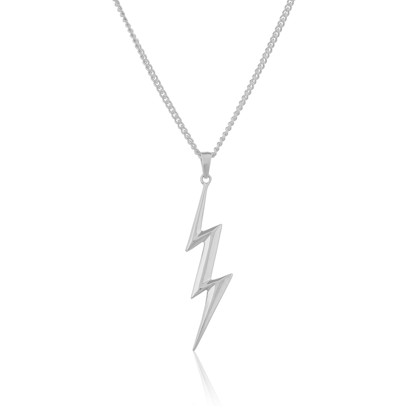 A unique 925 sterling silver lightning bolt pendant electrifies a delicate silver chain. The dynamic symbol pops against a clean white backdrop.