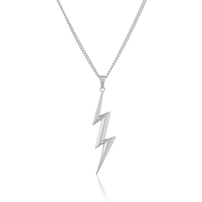 A unique 925 sterling silver lightning bolt pendant electrifies a delicate silver chain. The dynamic symbol pops against a clean white backdrop.