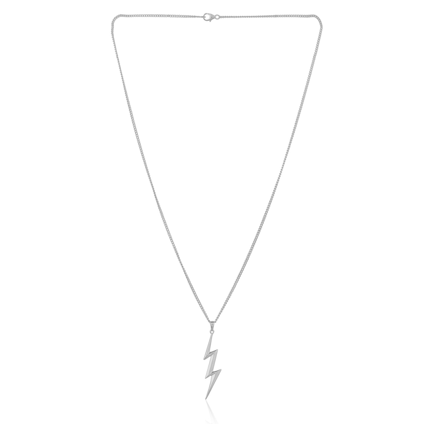 Simple yet striking, a silver lightning bolt pendant hangs from a delicate chain. This minimalist necklace adds a touch of edge to any outfit. 