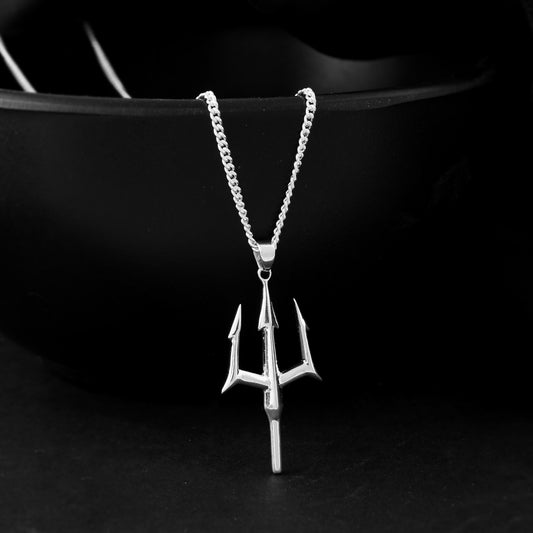 Shiny 925 sterling silver trident necklace. The necklace features a nautical-themed pendant with three prongs.