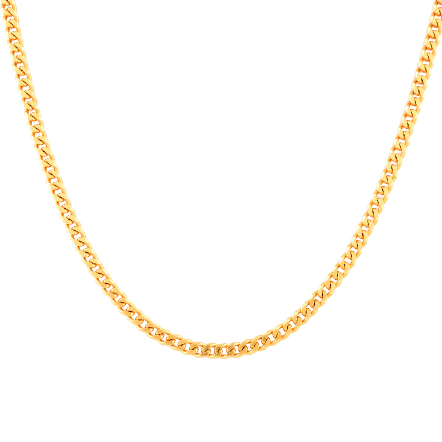 A close-up photo of a gold plated silver chain for men. The thin cuban chain has a shiny finish and reflects light on a white background.